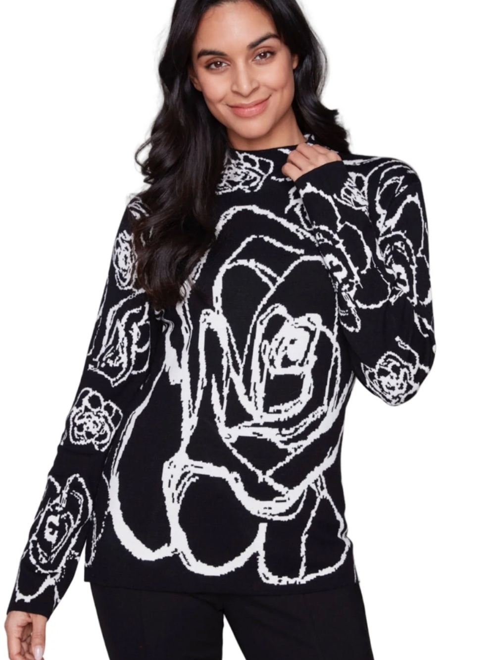 Carre Noir Black & White Rose-Pattern mock neck- Women